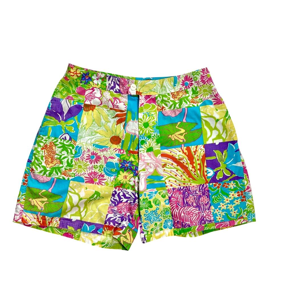 Vintage 90s Lilly Pulitzer Patchwork Shorts Frog Lily Pad Floral Print Womens 8